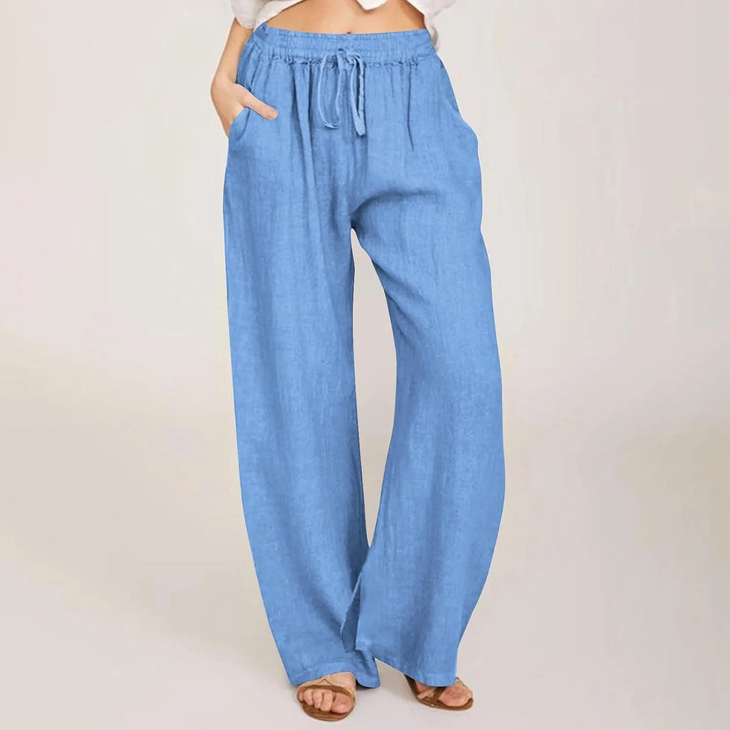 Women Cotton Linen Palazzo Pants Summer Flowy Wide Leg Trousers with Pockets High Waist Drawstring Beach Lounge Pants