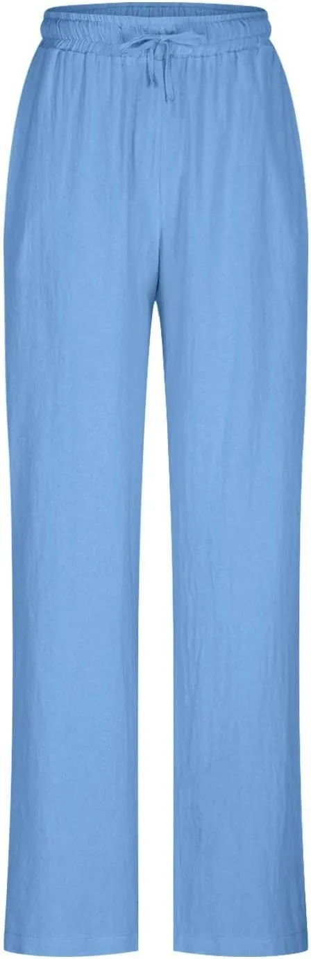 Women Cotton Linen Palazzo Pants Summer Flowy Wide Leg Trousers with Pockets High Waist Drawstring Beach Lounge Pants