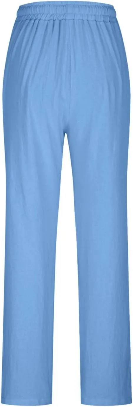 Women Cotton Linen Palazzo Pants Summer Flowy Wide Leg Trousers with Pockets High Waist Drawstring Beach Lounge Pants