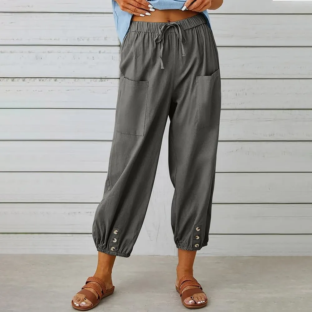 Women Cotton Linen Pants Casual Drawstring High Waisted Loose Plus Size Cropped Pants with Pockets