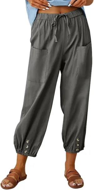 Women Cotton Linen Pants Casual Drawstring High Waisted Loose Plus Size Cropped Pants with Pockets
