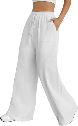 Women Drawstring Waist Wide Leg Pants High Waisted Wide Leg Pants Fashion Drawstring Elastic Trousers Comfy Straight Leg Long Pants with Pockets Womens Cropped Pants Casual Petite (White, M)