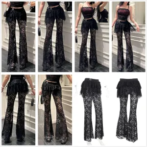 Women Floral Lace Sheer Mesh Pants See Through Straight Leg Pants Hollow Out Trousers Cover Up Pants Y2k Streetwear