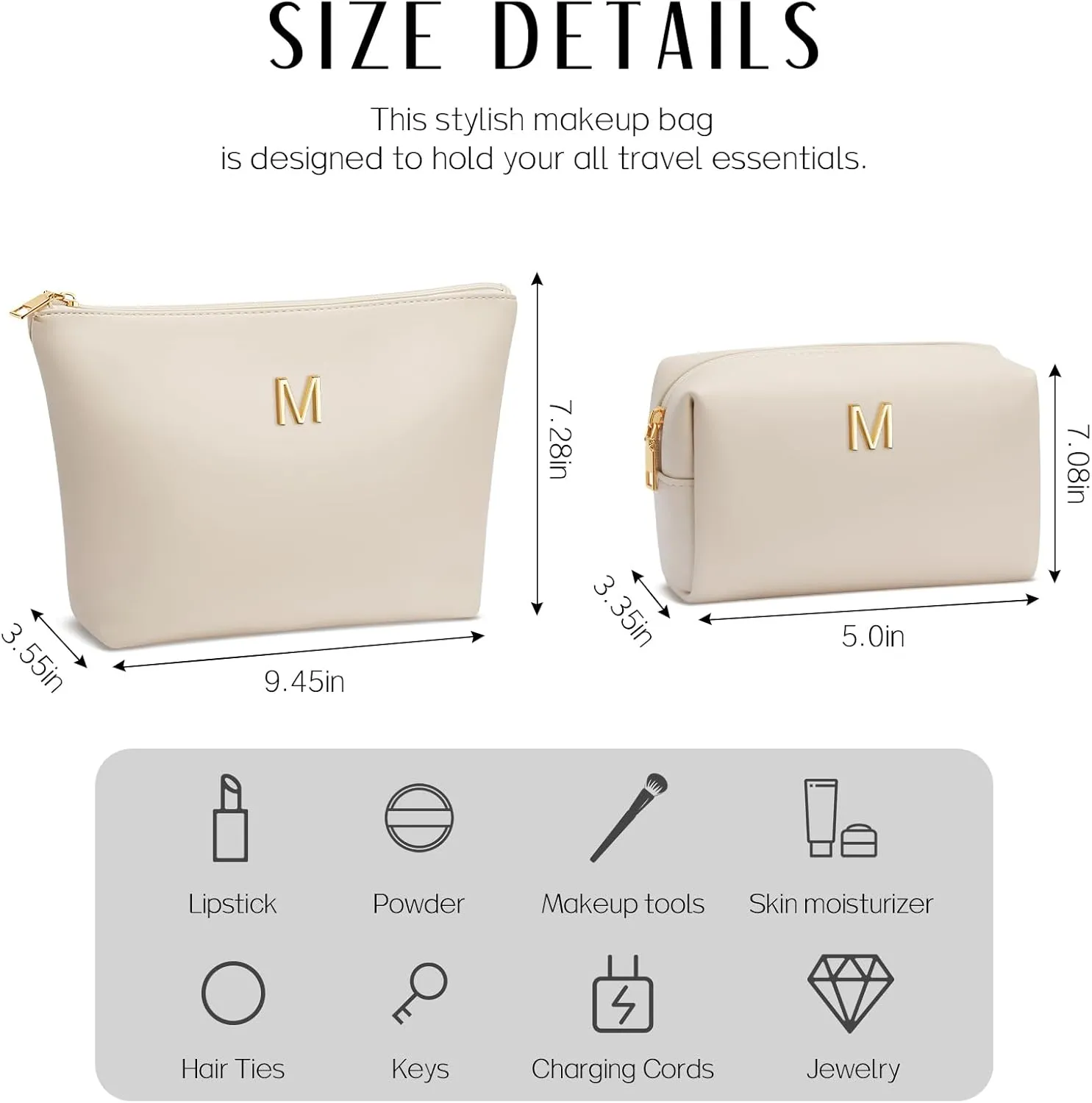 Women Gifts | Initial Makeup Bag Set for Girl Personalized Gifts for Bridesmaid Friend Graduation Teachers PU Leather Cosmetic Travel Toiletry Bag(Beige,M)