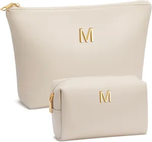 Women Gifts | Initial Makeup Bag Set for Girl Personalized Gifts for Bridesmaid Friend Graduation Teachers PU Leather Cosmetic Travel Toiletry Bag(Beige,M)