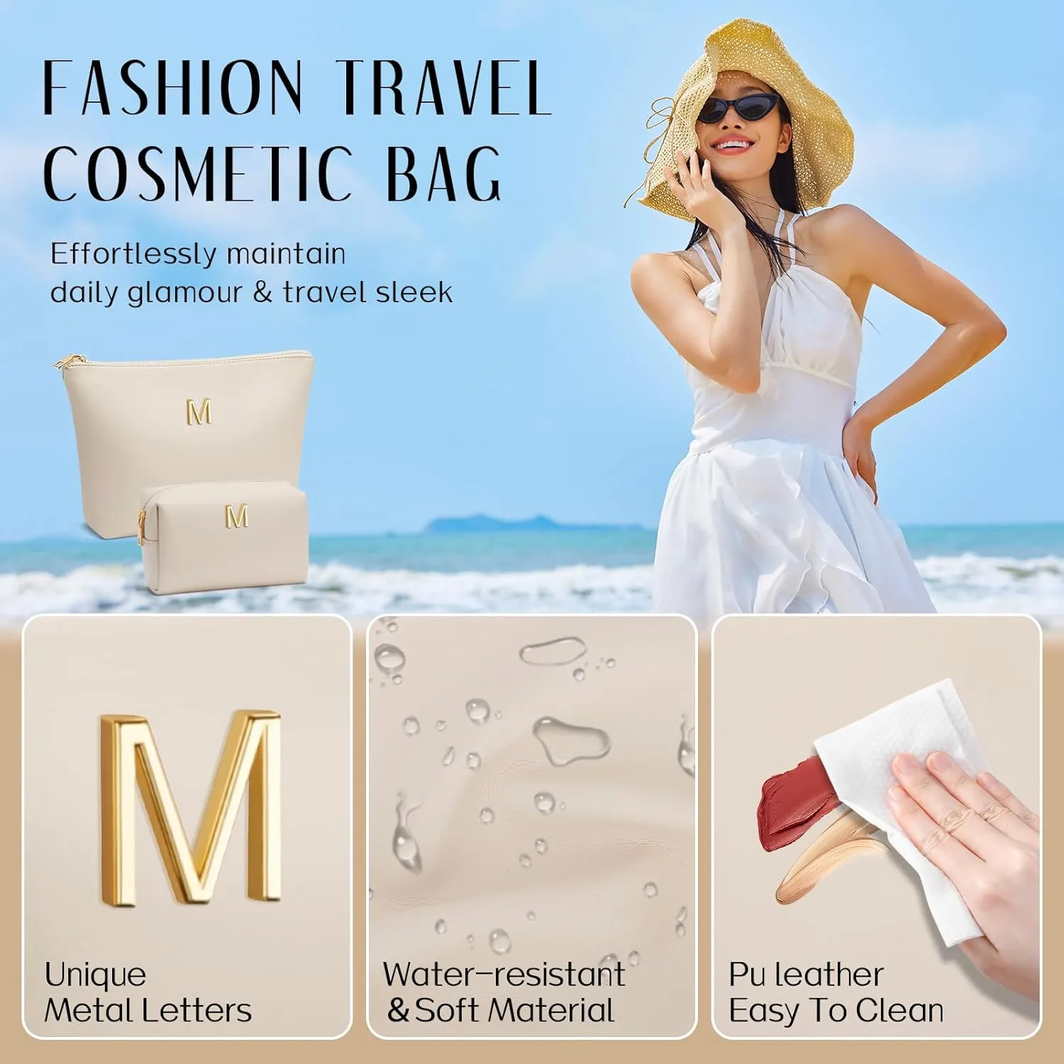 Women Gifts | Initial Makeup Bag Set for Girl Personalized Gifts for Bridesmaid Friend Graduation Teachers PU Leather Cosmetic Travel Toiletry Bag(Beige,M)