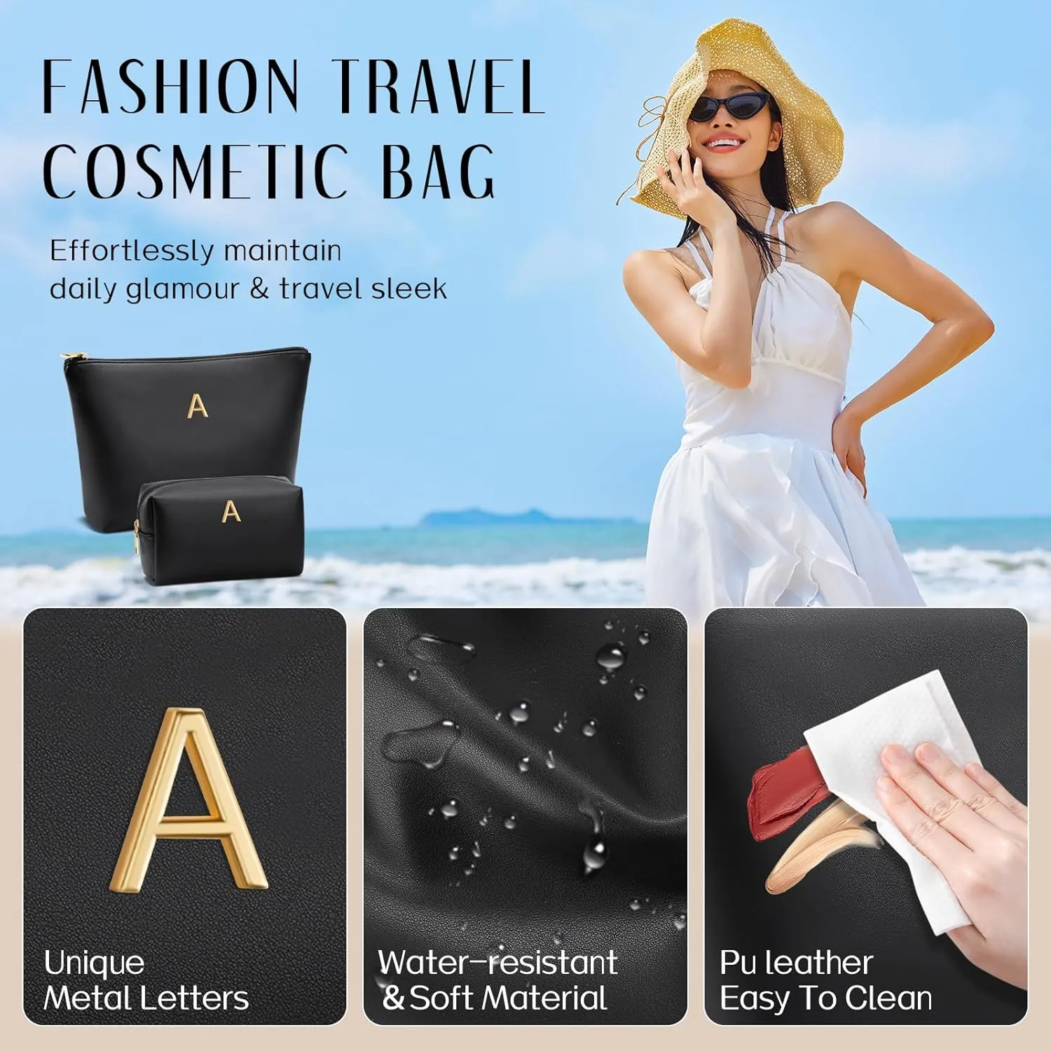 Women Gifts | Initial Makeup Bag Set for Girl Personalized Gifts for Bridesmaid Friend Graduation Teachers PU Leather Cosmetic Travel Toiletry Bag(Black,A)