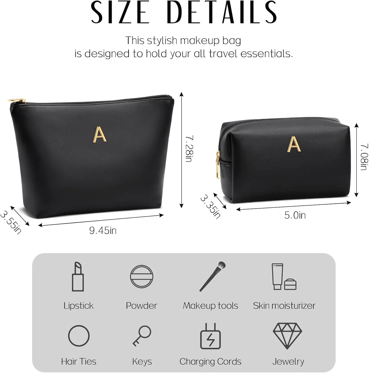 Women Gifts | Initial Makeup Bag Set for Girl Personalized Gifts for Bridesmaid Friend Graduation Teachers PU Leather Cosmetic Travel Toiletry Bag(Black,A)