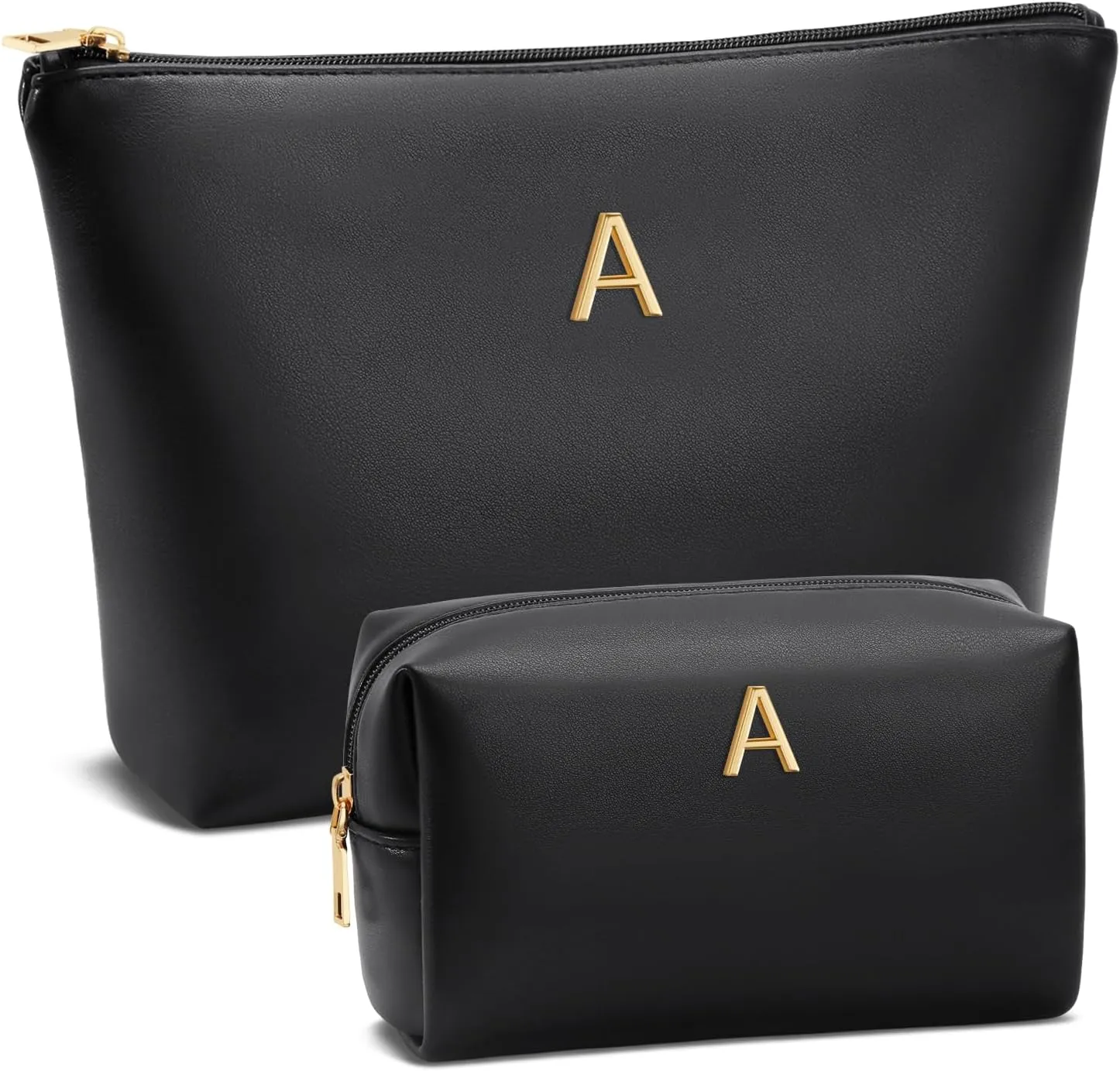 Women Gifts | Initial Makeup Bag Set for Girl Personalized Gifts for Bridesmaid Friend Graduation Teachers PU Leather Cosmetic Travel Toiletry Bag(Black,A)