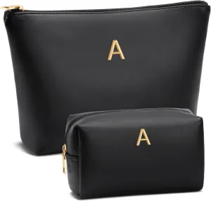 Women Gifts | Initial Makeup Bag Set for Girl Personalized Gifts for Bridesmaid Friend Graduation Teachers PU Leather Cosmetic Travel Toiletry Bag(Black,A)