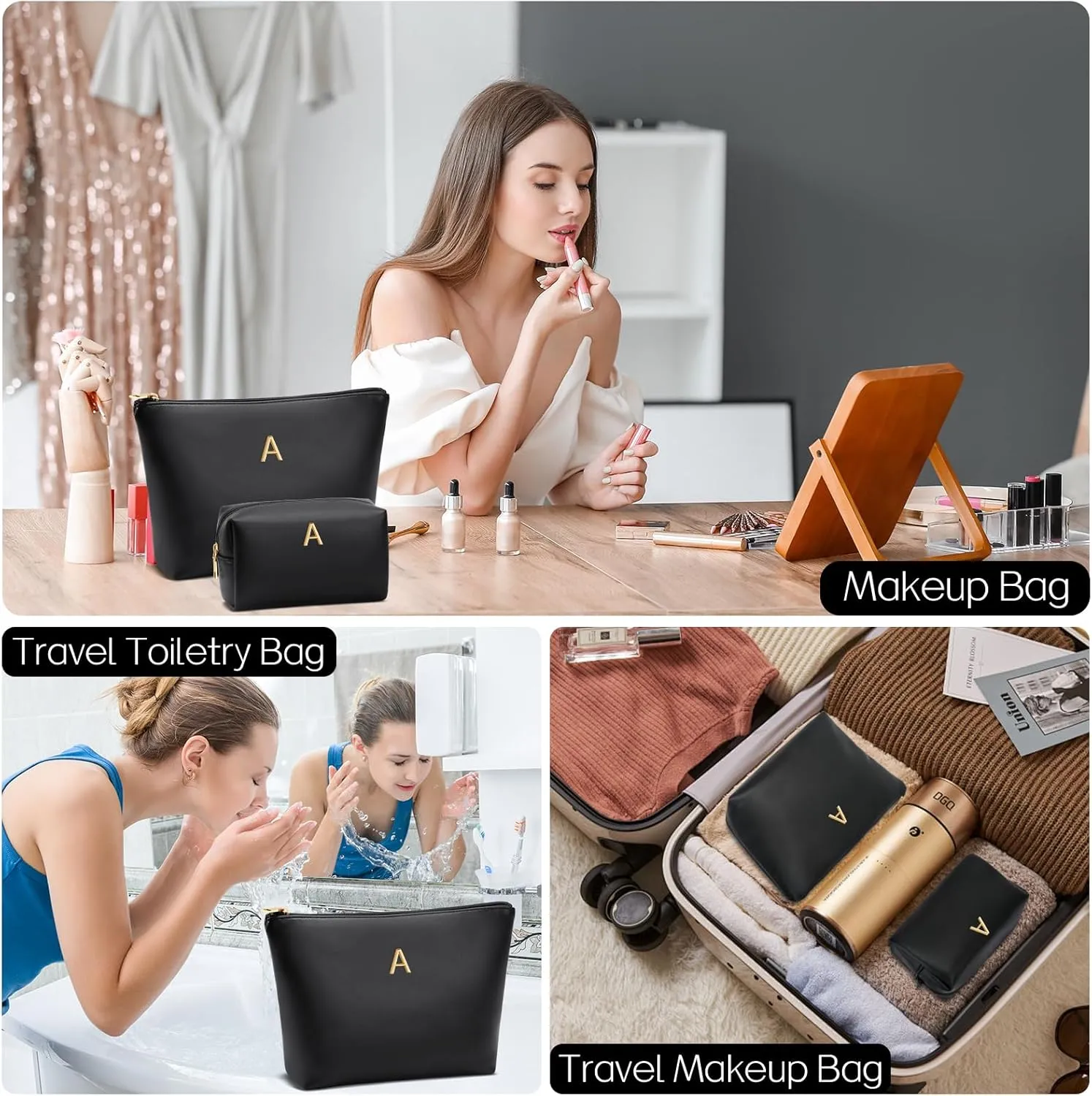 Women Gifts | Initial Makeup Bag Set for Girl Personalized Gifts for Bridesmaid Friend Graduation Teachers PU Leather Cosmetic Travel Toiletry Bag(Black,A)