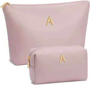 Women Gifts | Initial Makeup Bag Set for Girl Personalized Gifts for Bridesmaid Friend Graduation Teachers PU Leather Cosmetic Travel Toiletry Bag(Pink,A)