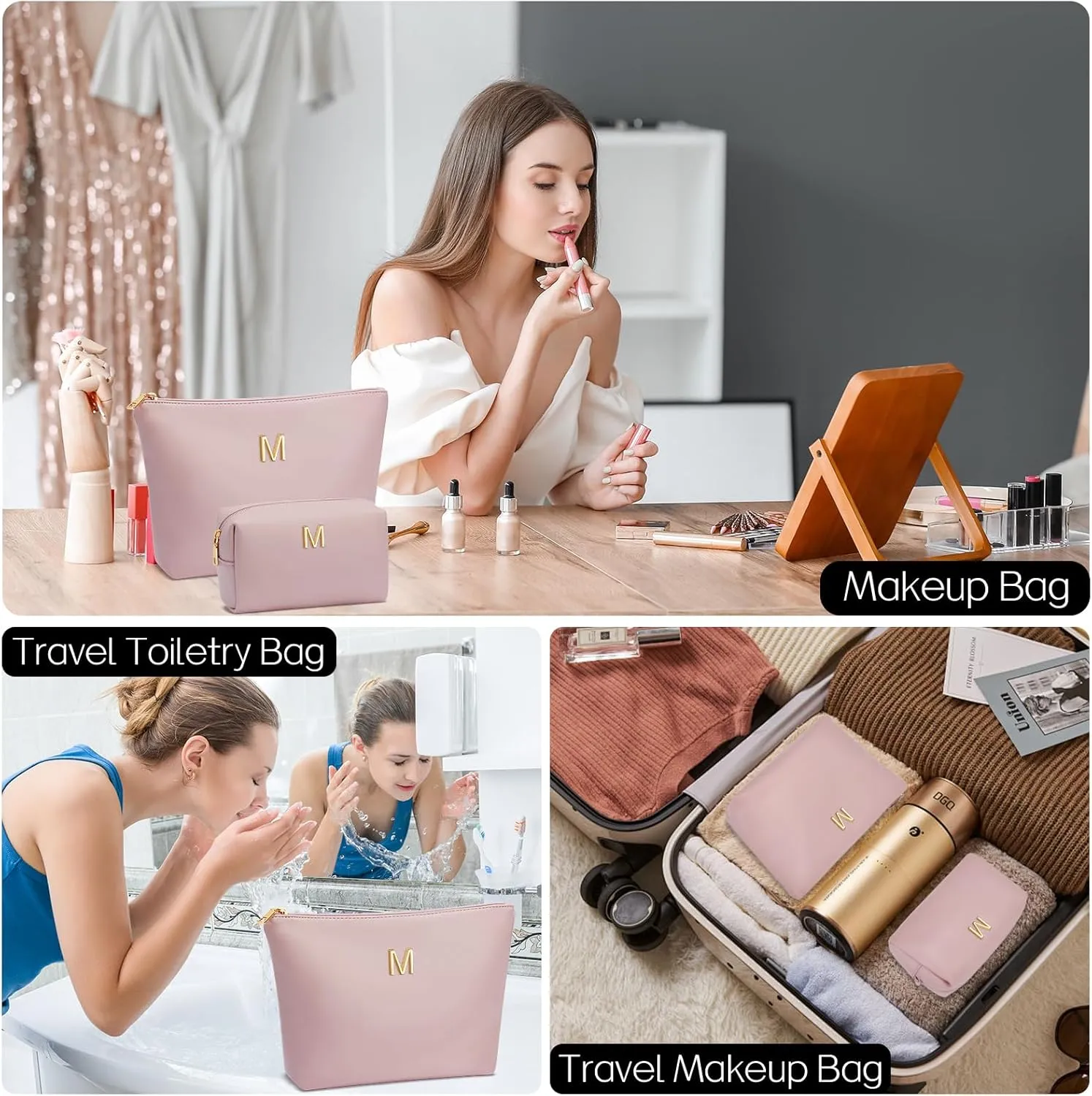Women Gifts | Initial Makeup Bag Set for Girl Personalized Gifts for Bridesmaid Friend Graduation Teachers PU Leather Cosmetic Travel Toiletry Bag(Pink,M)