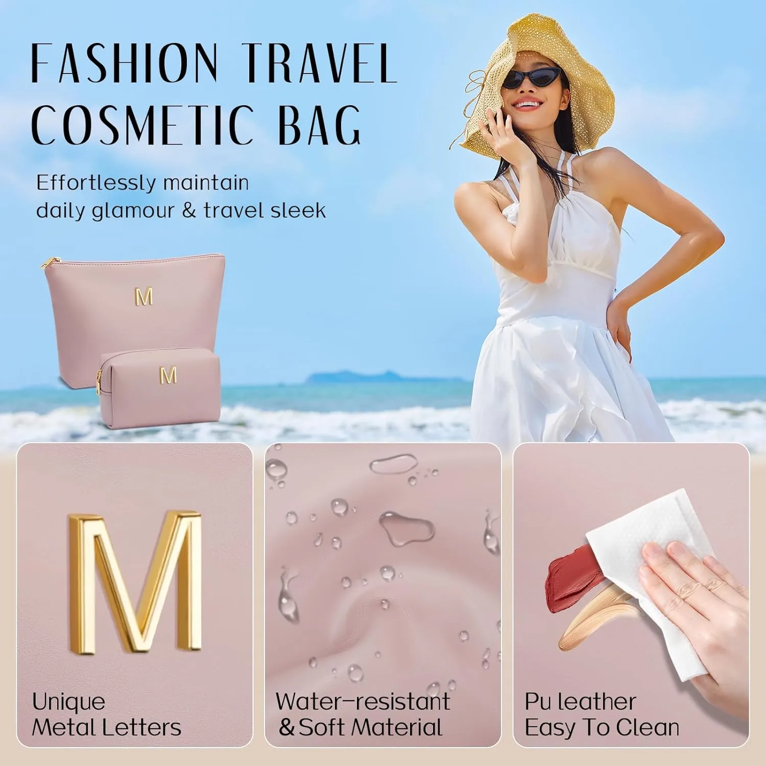 Women Gifts | Initial Makeup Bag Set for Girl Personalized Gifts for Bridesmaid Friend Graduation Teachers PU Leather Cosmetic Travel Toiletry Bag(Pink,M)