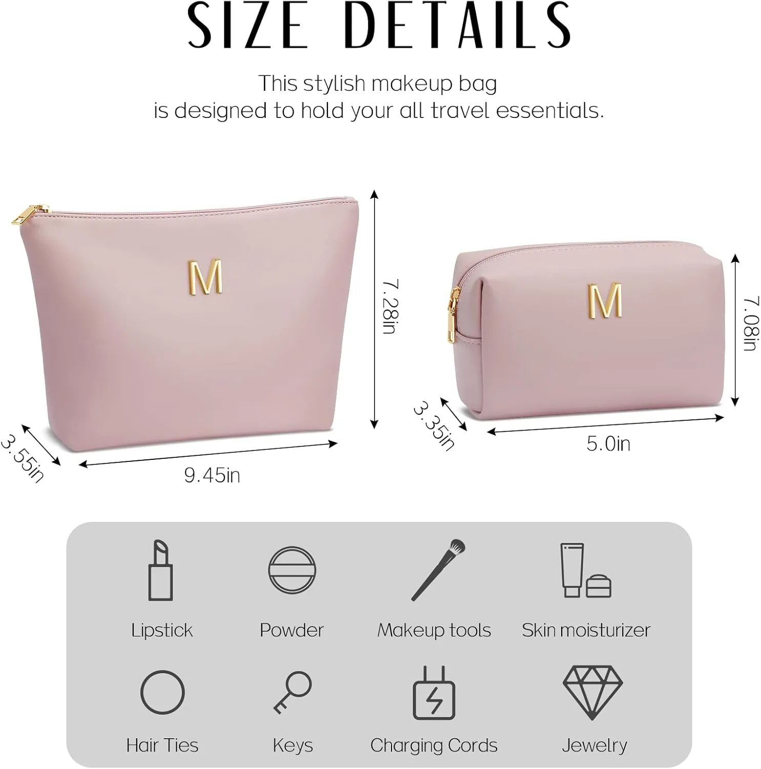 Women Gifts | Initial Makeup Bag Set for Girl Personalized Gifts for Bridesmaid Friend Graduation Teachers PU Leather Cosmetic Travel Toiletry Bag(Pink,M)