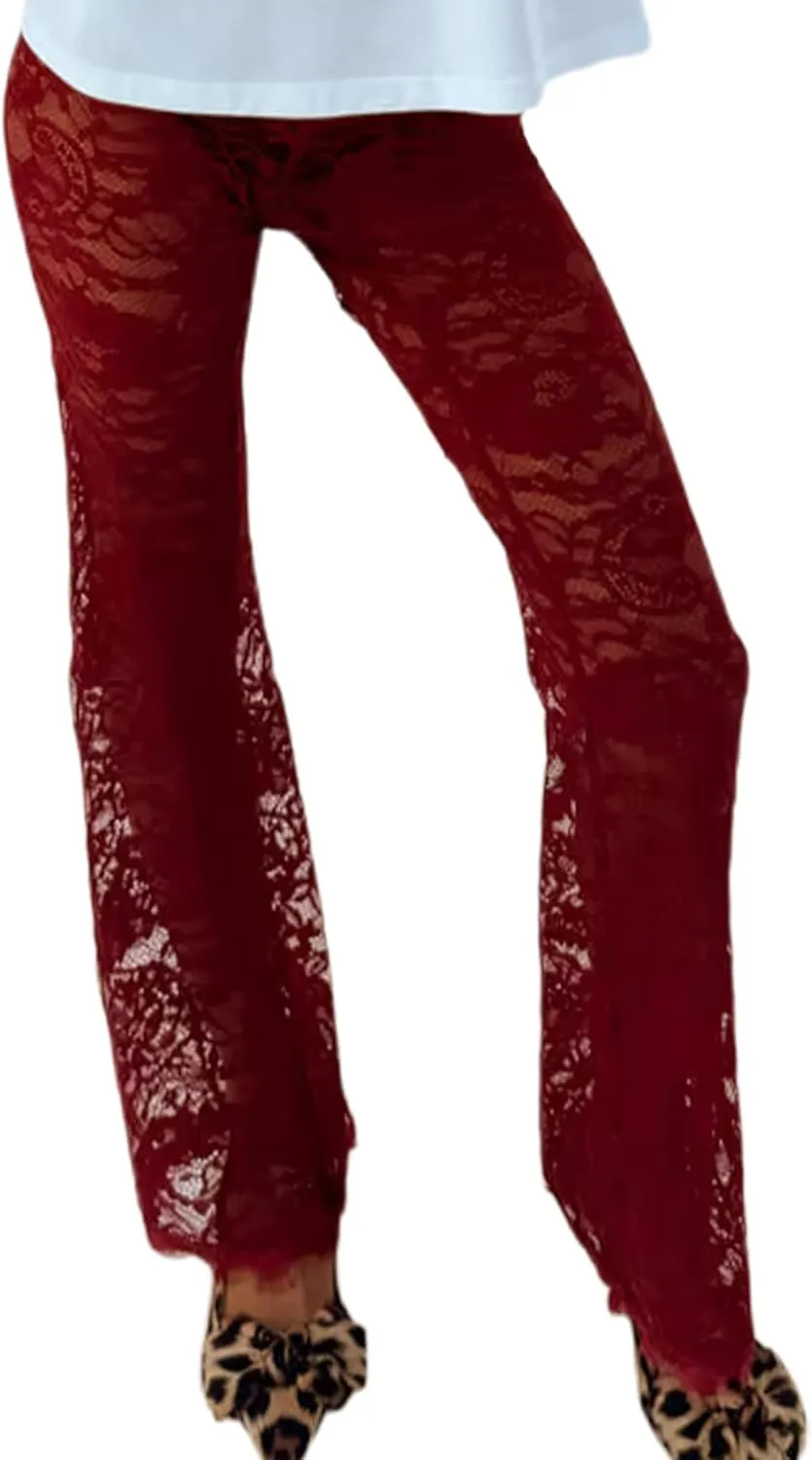Women Lace Floral Pant Sexy See Through Flare Bell Bottom Hollow Out Trousers Mesh Leggings Cover Up Beach Pants