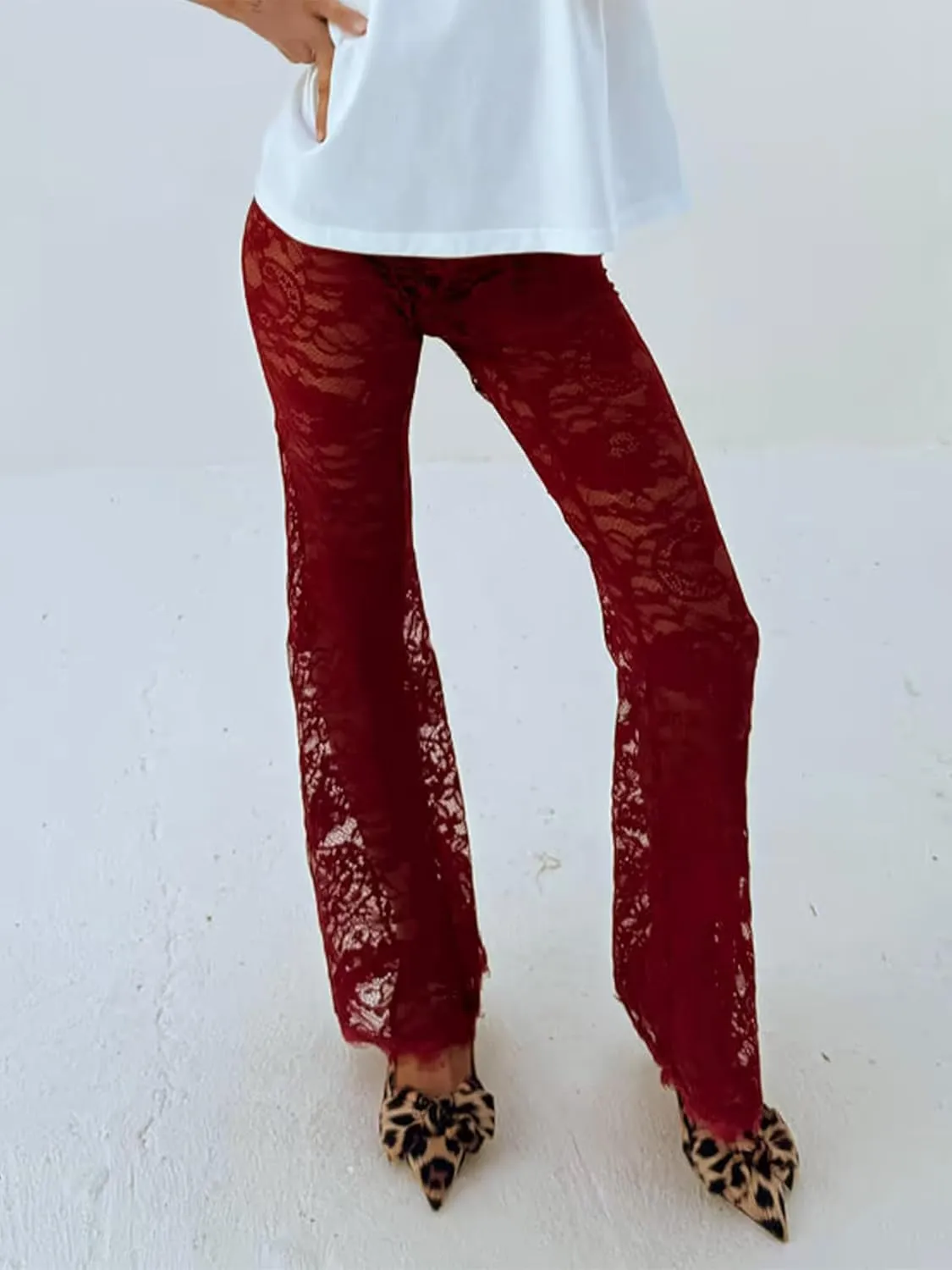 Women Lace Floral Pant Sexy See Through Flare Bell Bottom Hollow Out Trousers Mesh Leggings Cover Up Beach Pants