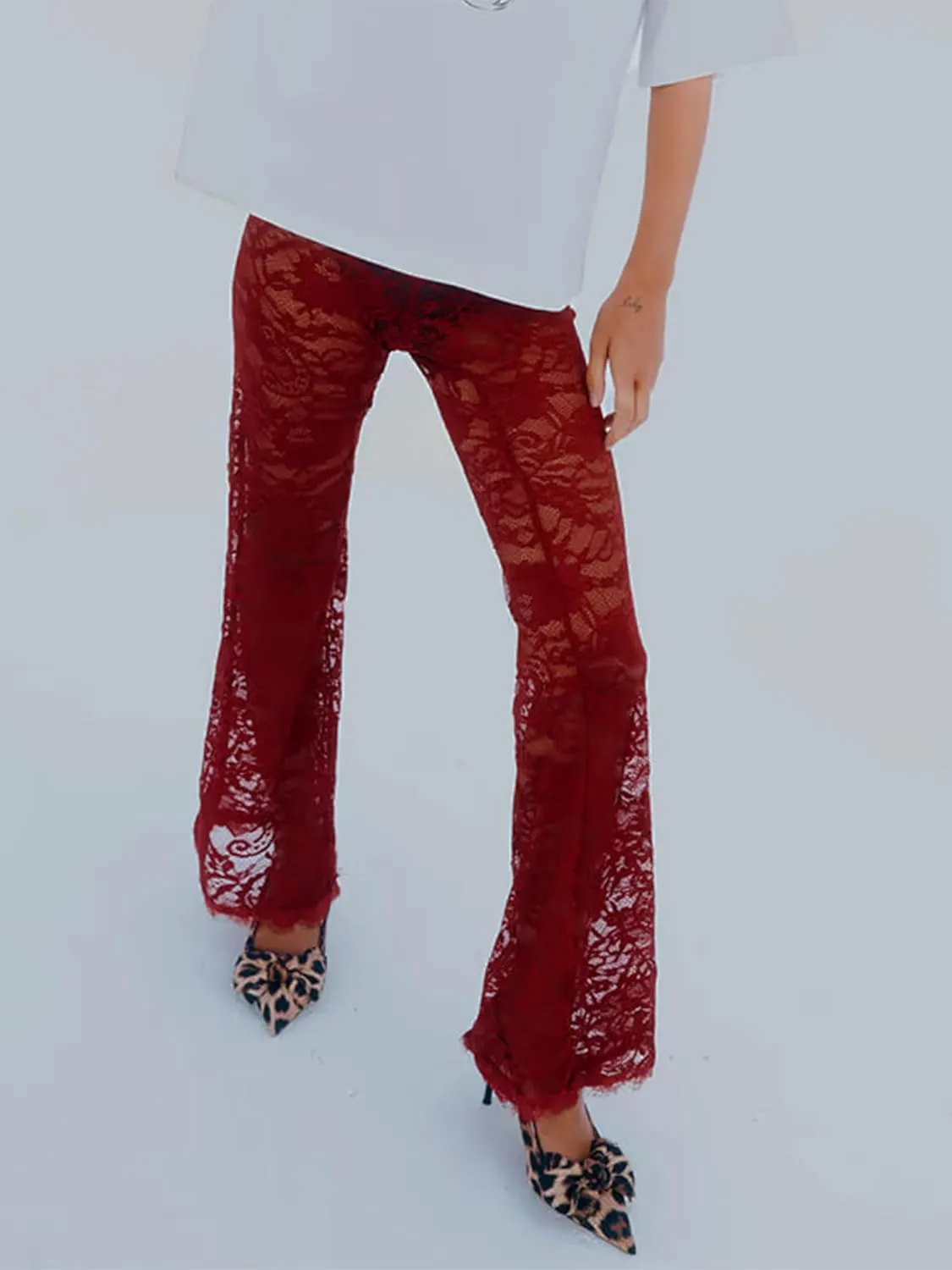Women Lace Floral Pant Sexy See Through Flare Bell Bottom Hollow Out Trousers Mesh Leggings Cover Up Beach Pants