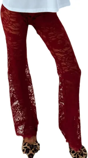 Women Lace Floral Pant Sexy See Through Flare Bell Bottom Hollow Out Trousers Mesh Leggings Cover Up Beach Pants