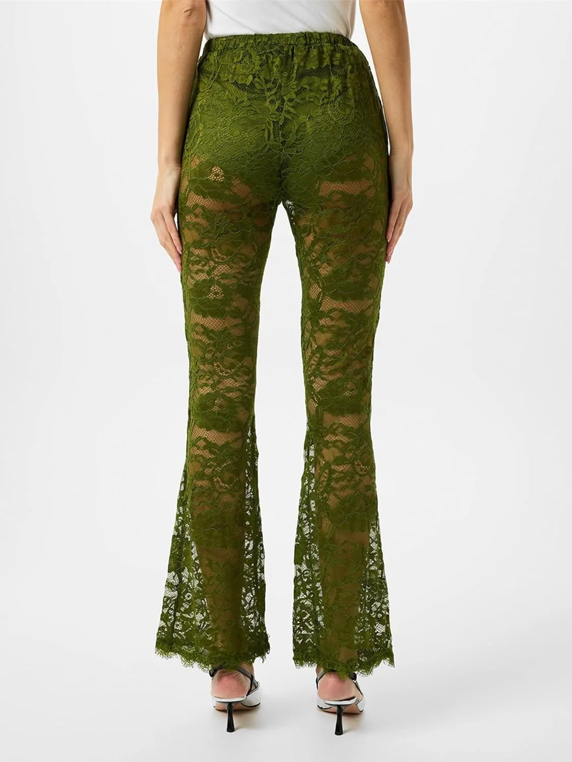 Women Lace Floral Pant Sexy See Through Flare Bell Bottom Hollow Out Trousers Mesh Leggings Cover Up Beach Pants