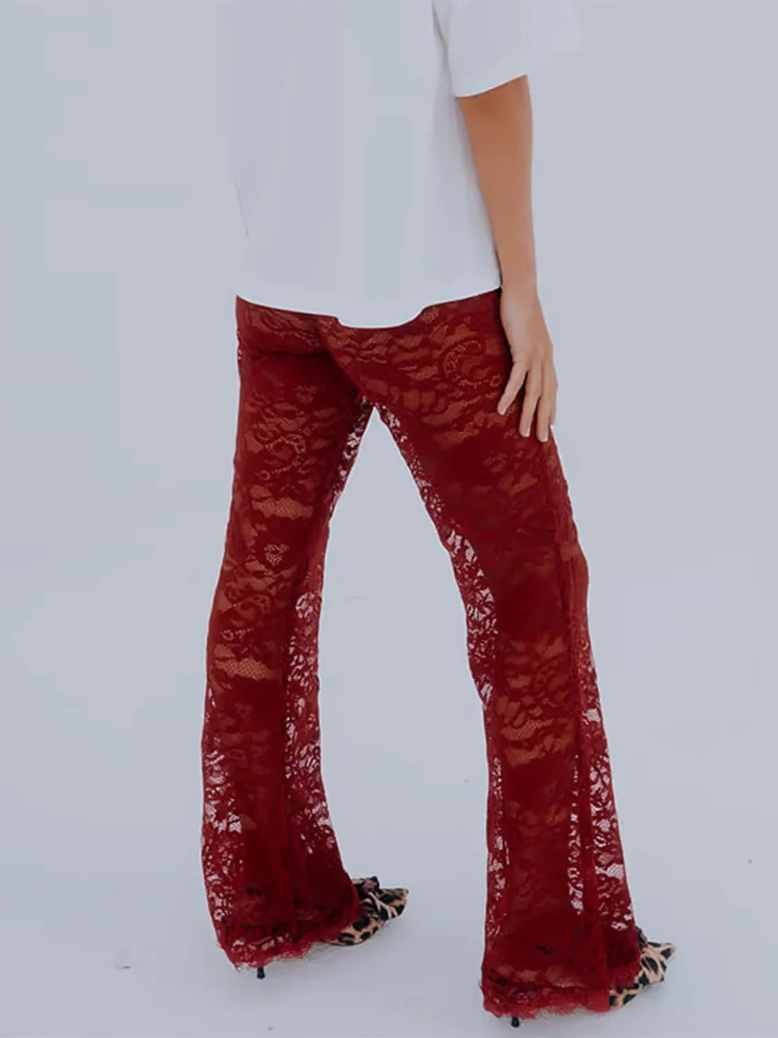 Women Lace Floral Pant Sexy See Through Flare Bell Bottom Hollow Out Trousers Mesh Leggings Cover Up Beach Pants