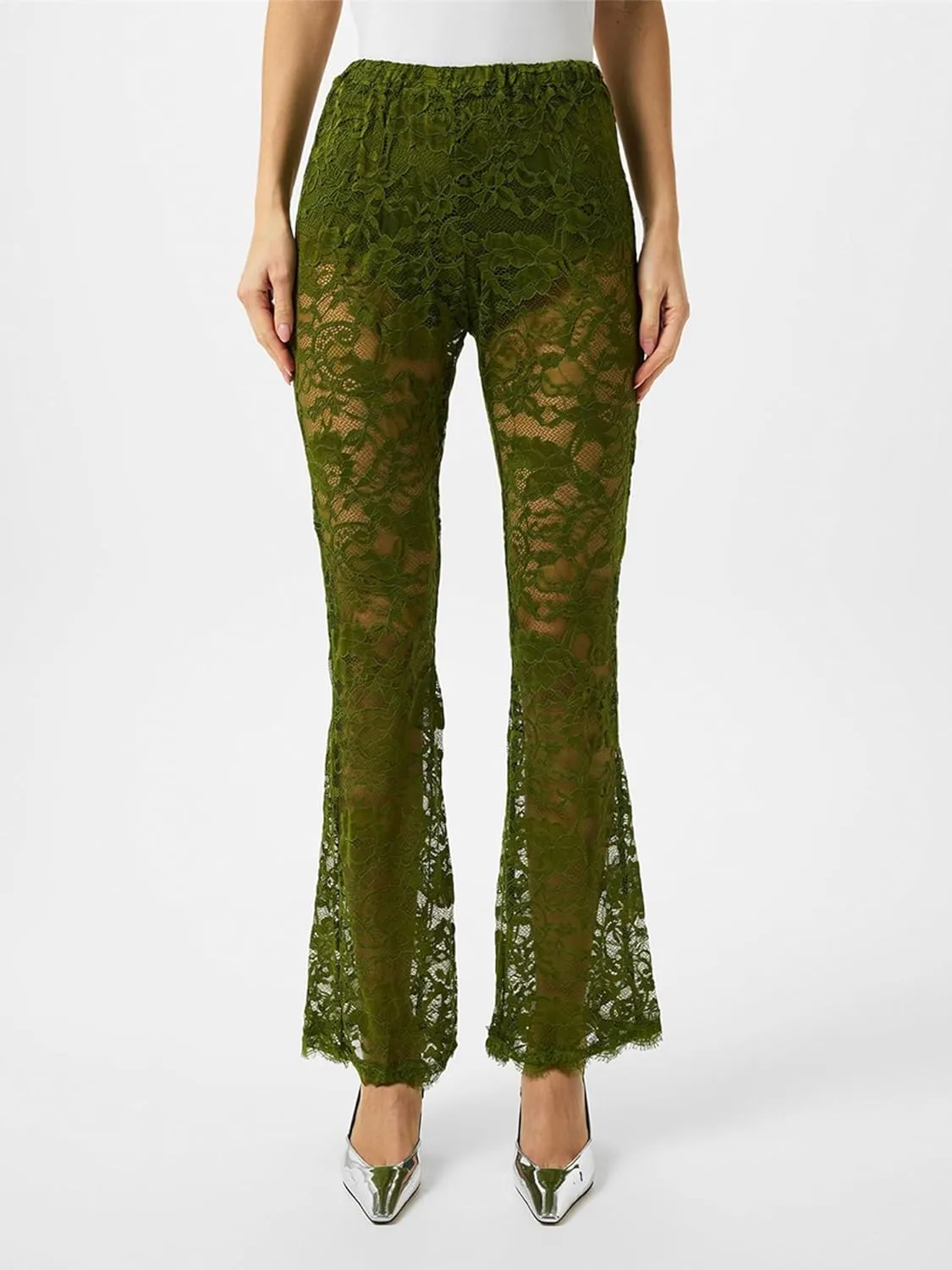 Women Lace Floral Pant Sexy See Through Flare Bell Bottom Hollow Out Trousers Mesh Leggings Cover Up Beach Pants