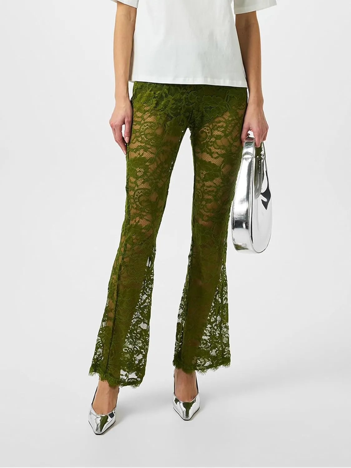Women Lace Floral Pant Sexy See Through Flare Bell Bottom Hollow Out Trousers Mesh Leggings Cover Up Beach Pants