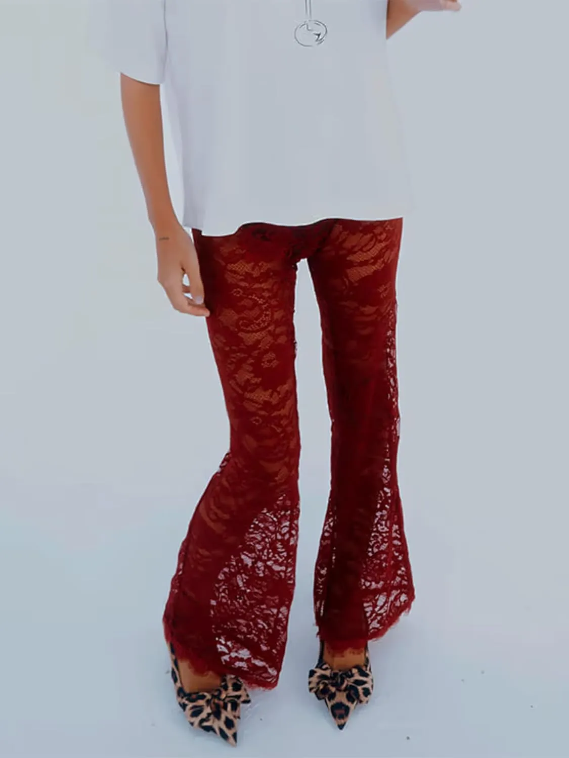Women Lace Floral Pant Sexy See Through Flare Bell Bottom Hollow Out Trousers Mesh Leggings Cover Up Beach Pants