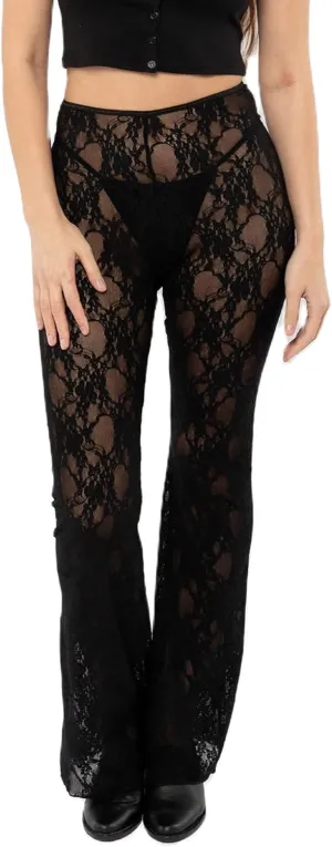 Women Lace Floral Pant Sexy See Through Flare Bell Bottom Hollow Out Trousers Mesh Leggings Cover Up Beach Pants