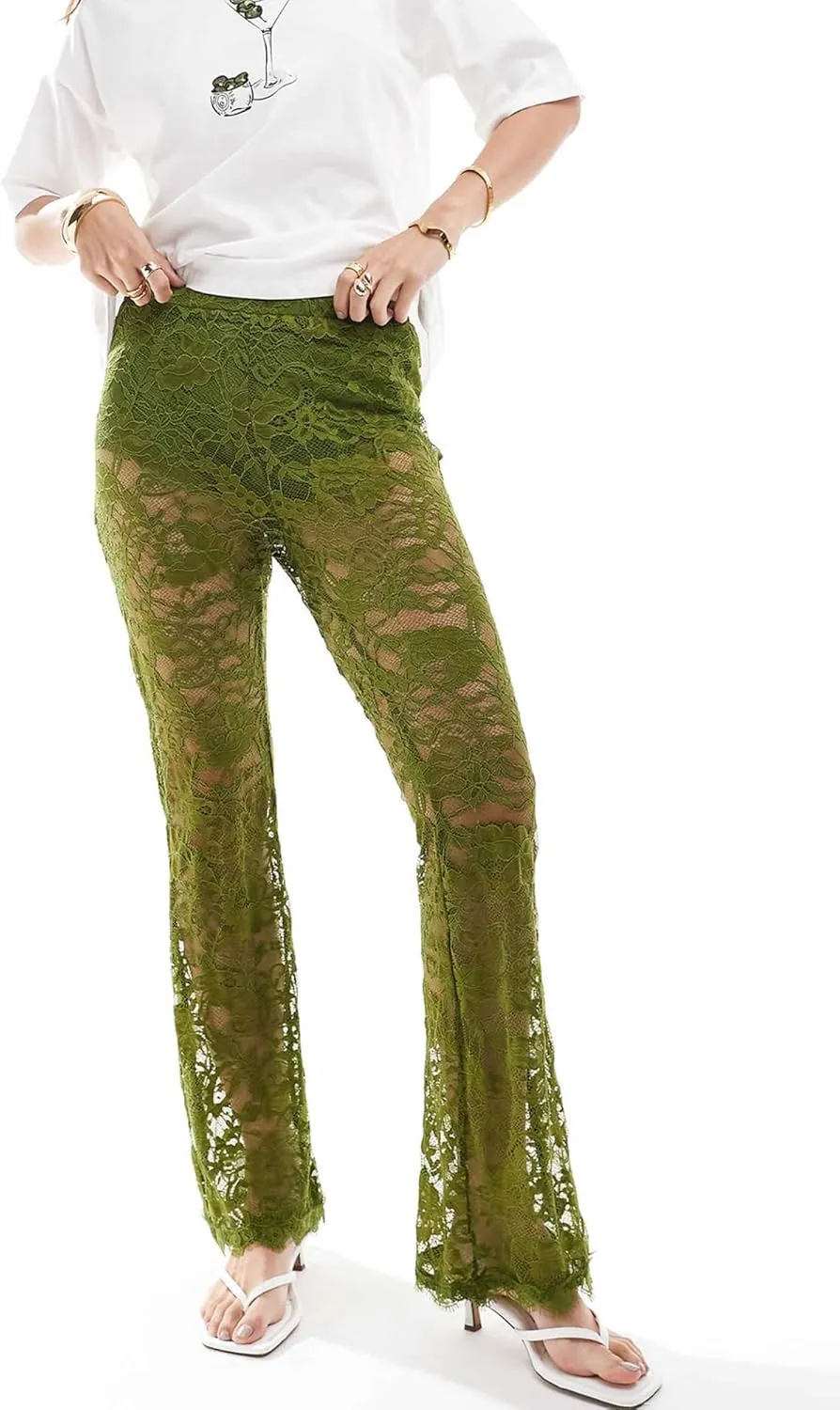Women Lace Floral Pant Sexy See Through Flare Bell Bottom Hollow Out Trousers Mesh Leggings Cover Up Beach Pants