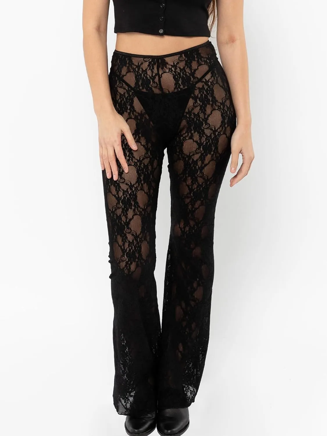 Women Lace Floral Pant Sexy See Through Flare Bell Bottom Hollow Out Trousers Mesh Leggings Cover Up Beach Pants