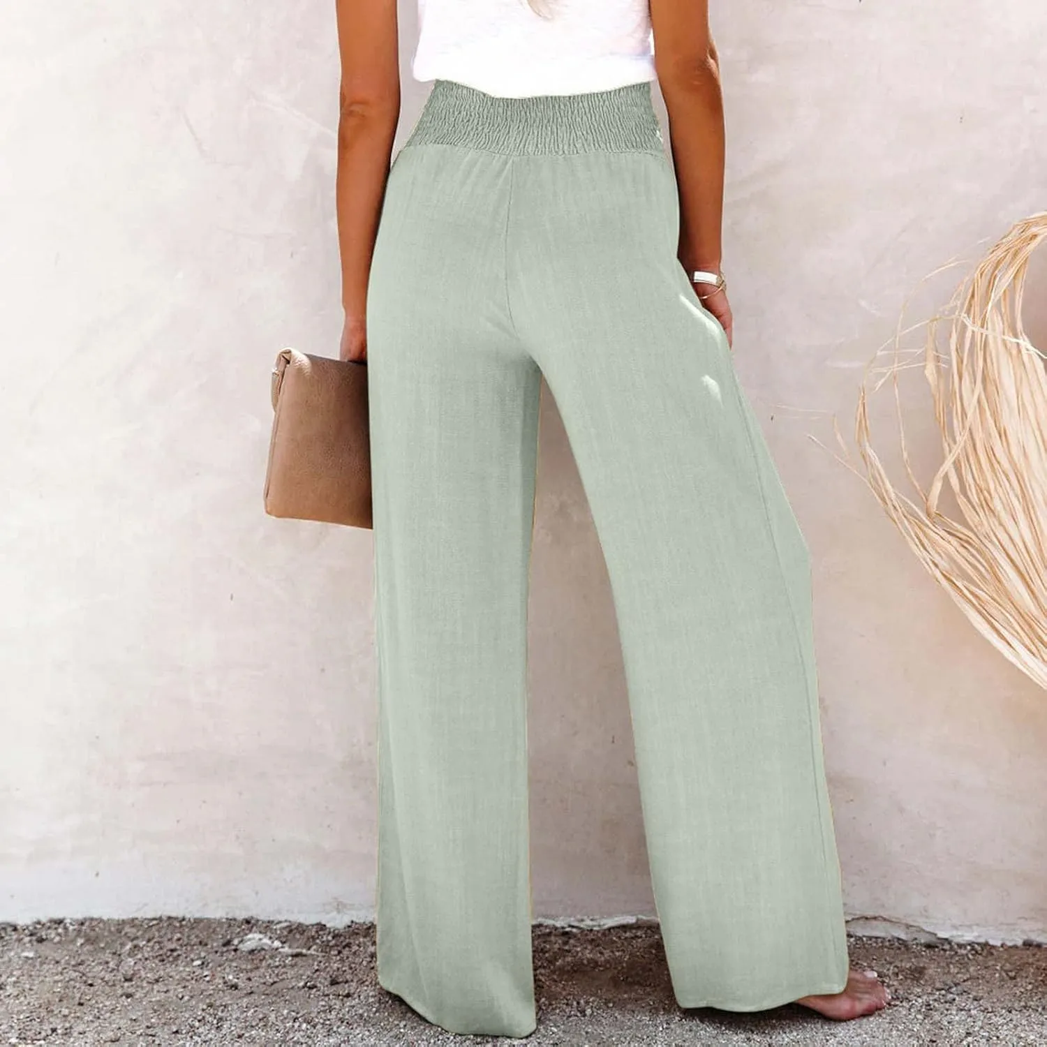 Women Linen Pants 2024 Dressy Comfy Flowy Wide Leg Pant Trouser Summer Trendy High Waisted Beach Stretch Palazzo Pant