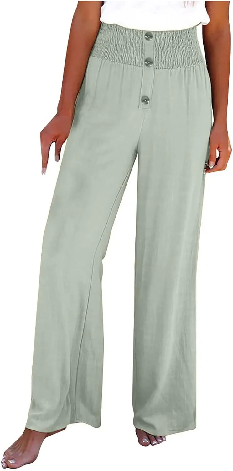 Women Linen Pants 2024 Dressy Comfy Flowy Wide Leg Pant Trouser Summer Trendy High Waisted Beach Stretch Palazzo Pant