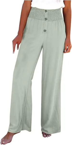 Women Linen Pants 2024 Dressy Comfy Flowy Wide Leg Pant Trouser Summer Trendy High Waisted Beach Stretch Palazzo Pant