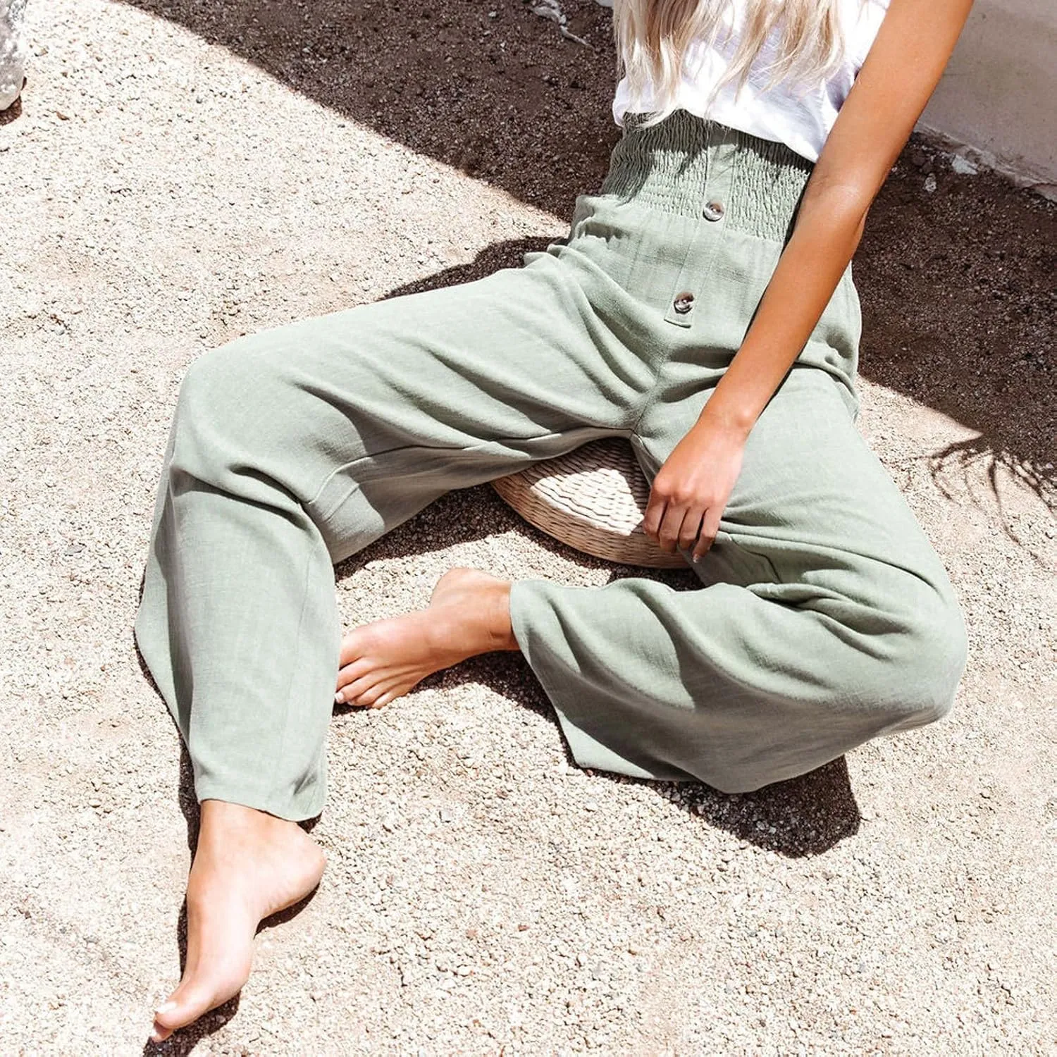 Women Linen Pants 2024 Dressy Comfy Flowy Wide Leg Pant Trouser Summer Trendy High Waisted Beach Stretch Palazzo Pant