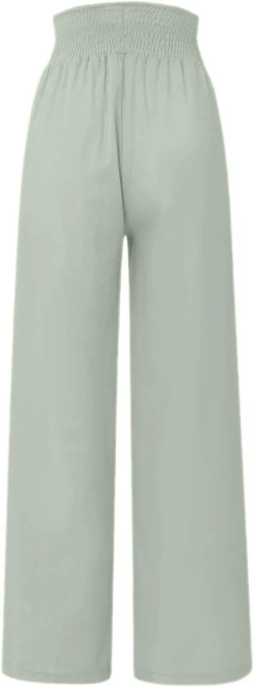 Women Linen Pants 2024 Dressy Comfy Flowy Wide Leg Pant Trouser Summer Trendy High Waisted Beach Stretch Palazzo Pant