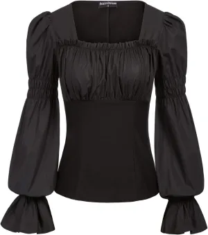 Women Peasant Blouse Long Puff Sleeve Ruffle Ruched Pirate Renaissance Corset Tops