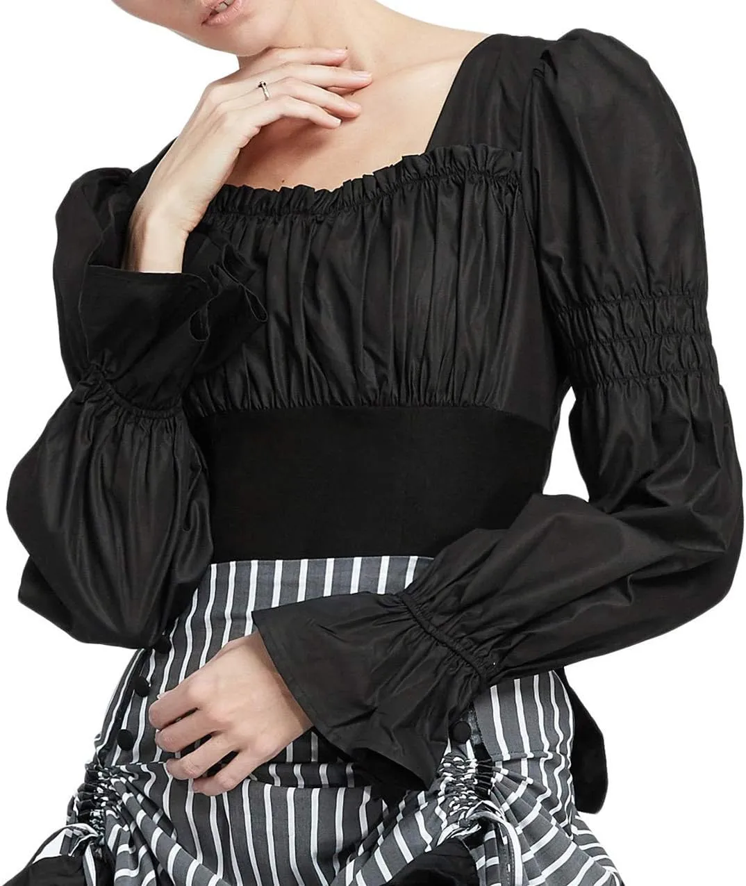 Women Peasant Blouse Long Puff Sleeve Ruffle Ruched Pirate Renaissance Corset Tops