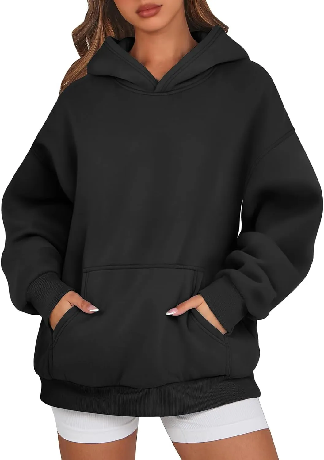 Women Solid Basic Hoodies Fall Outfits Long Sleeve Sweatshirts Pullover Drop Shoulder Tops with Pocket