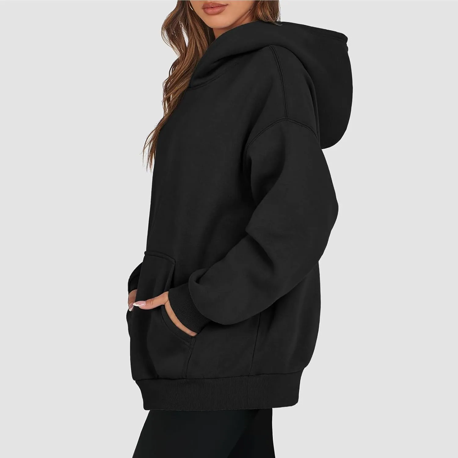 Women Solid Basic Hoodies Fall Outfits Long Sleeve Sweatshirts Pullover Drop Shoulder Tops with Pocket