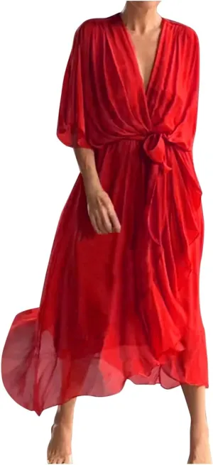 Women Summer Bohemian Casual Wrap V Neck Ruffle Cap Short Sleeve Belt A Line Pleated Hem Midi Sun Dress Midi