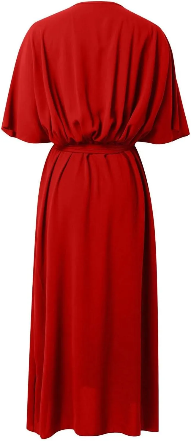 Women Summer Bohemian Casual Wrap V Neck Ruffle Cap Short Sleeve Belt A Line Pleated Hem Midi Sun Dress Midi