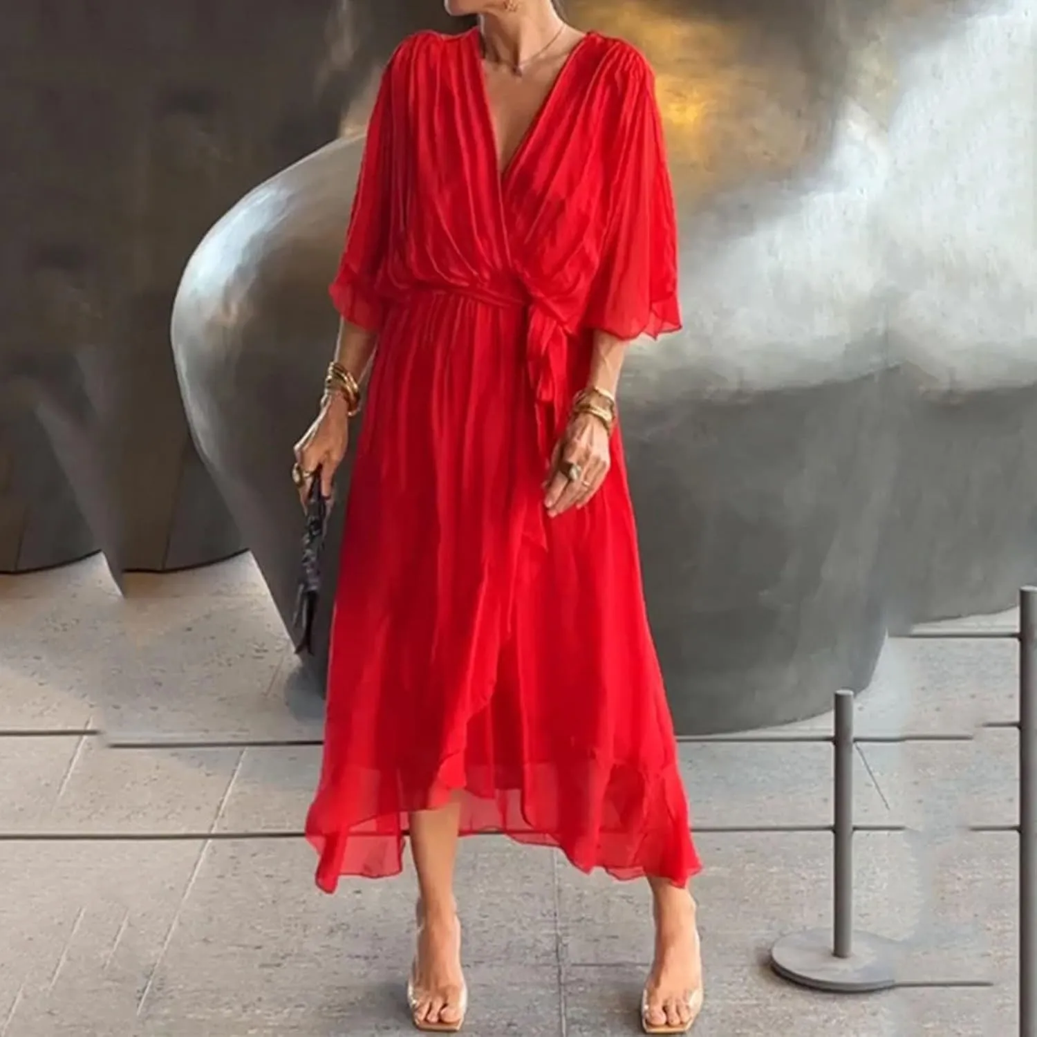 Women Summer Bohemian Casual Wrap V Neck Ruffle Cap Short Sleeve Belt A Line Pleated Hem Midi Sun Dress Midi