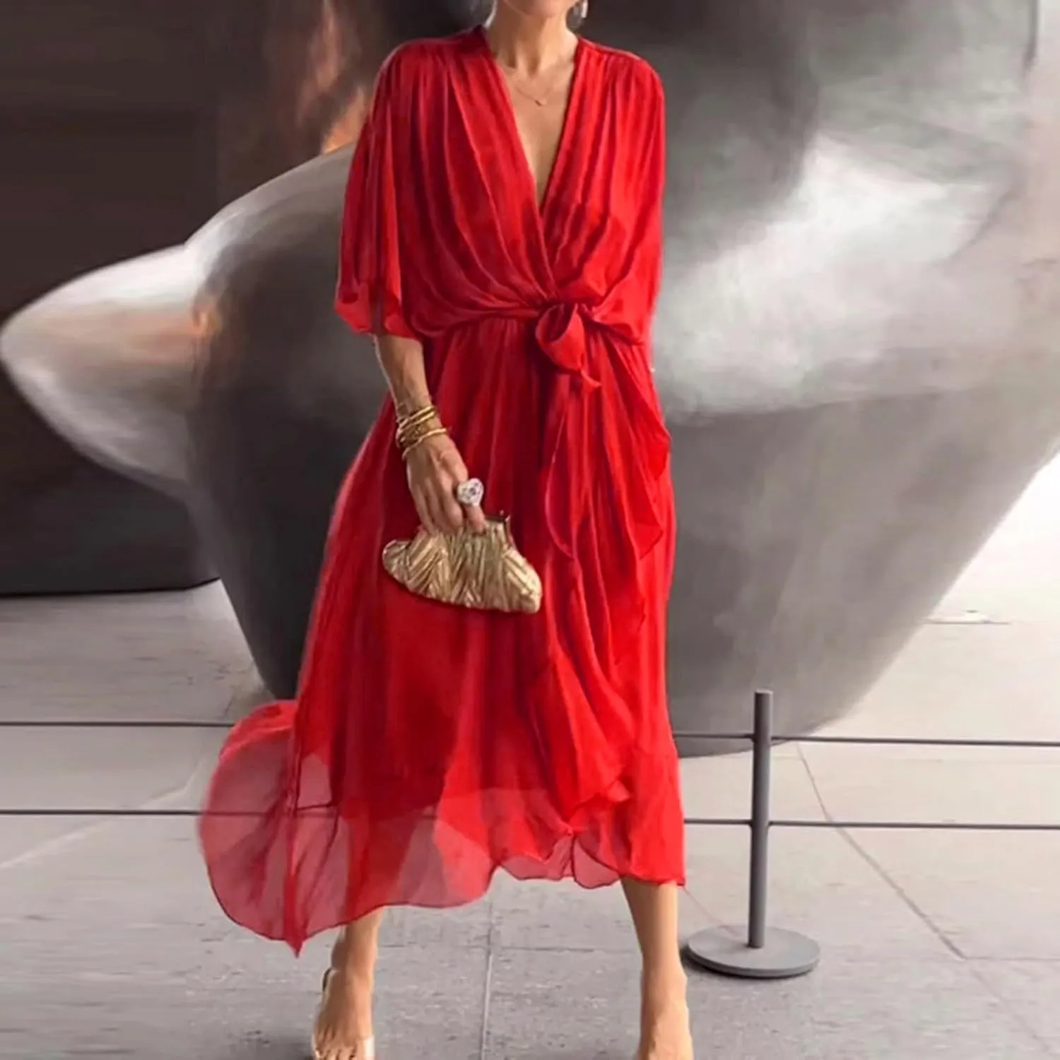 Women Summer Bohemian Casual Wrap V Neck Ruffle Cap Short Sleeve Belt A Line Pleated Hem Midi Sun Dress Midi