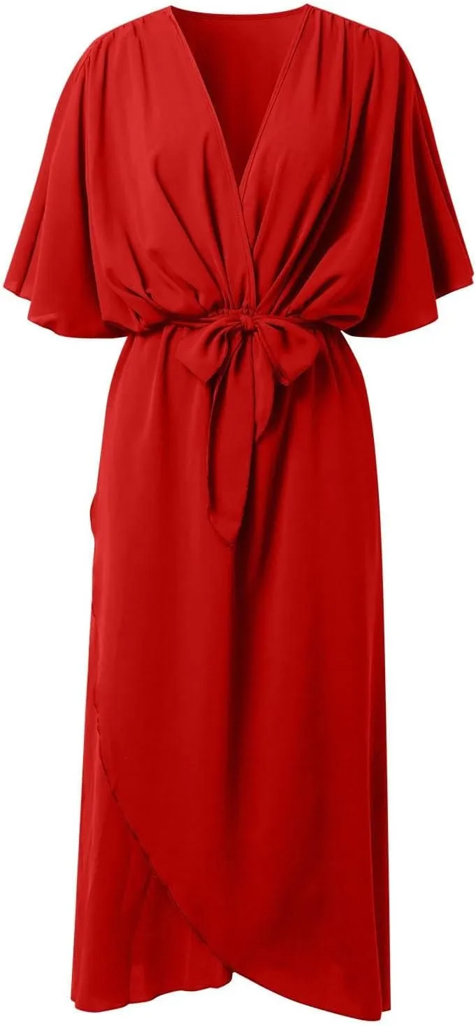 Women Summer Bohemian Casual Wrap V Neck Ruffle Cap Short Sleeve Belt A Line Pleated Hem Midi Sun Dress Midi