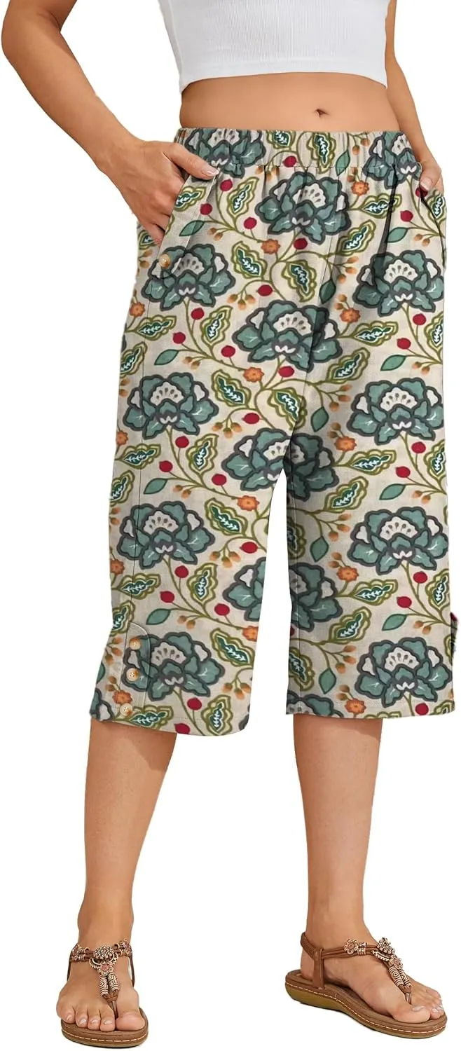 Women Summer Capri Pants Casual Wide Leg Elastic Waist Lightweight Cropped Loose Pants with Pockets