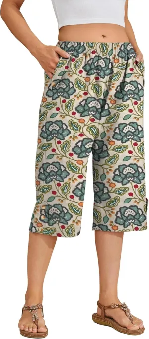 Women Summer Capri Pants Casual Wide Leg Elastic Waist Lightweight Cropped Loose Pants with Pockets
