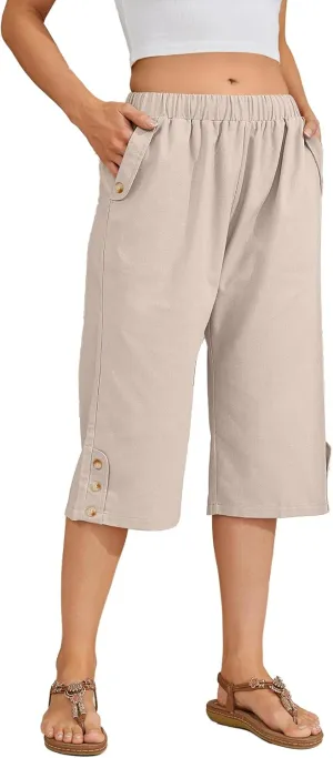 Women Summer Capri Pants Casual Wide Leg Elastic Waist Lightweight Cropped Loose Pants with Pockets