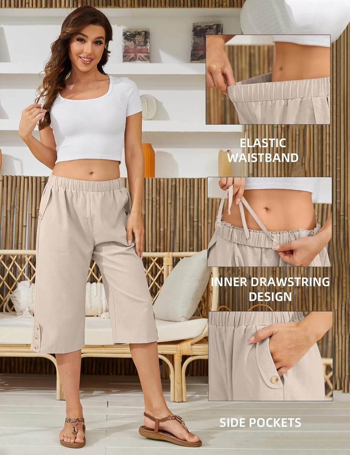 Women Summer Capri Pants Casual Wide Leg Elastic Waist Lightweight Cropped Loose Pants with Pockets
