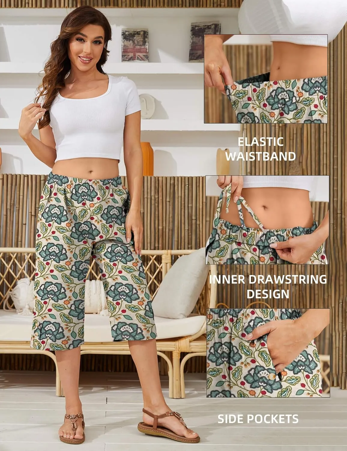 Women Summer Capri Pants Casual Wide Leg Elastic Waist Lightweight Cropped Loose Pants with Pockets